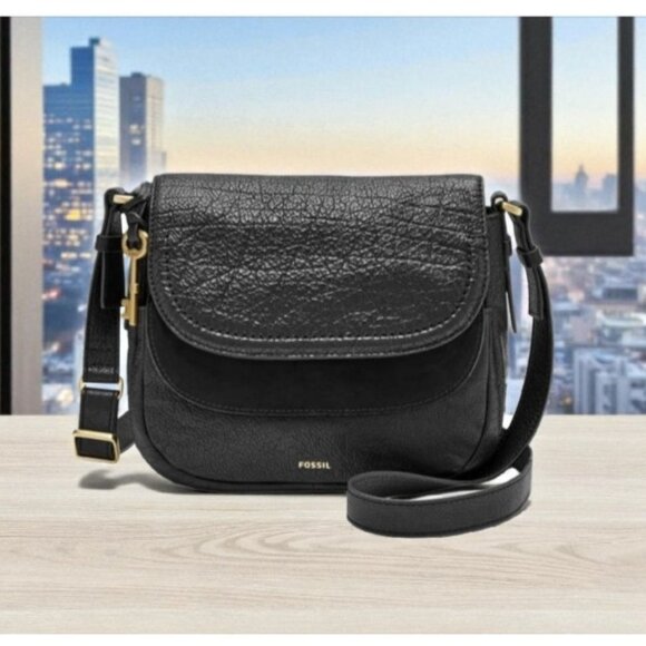 Fossil Peyton Double Flap Crossbody Small Black Leather Handbag - Picture 1 of 16